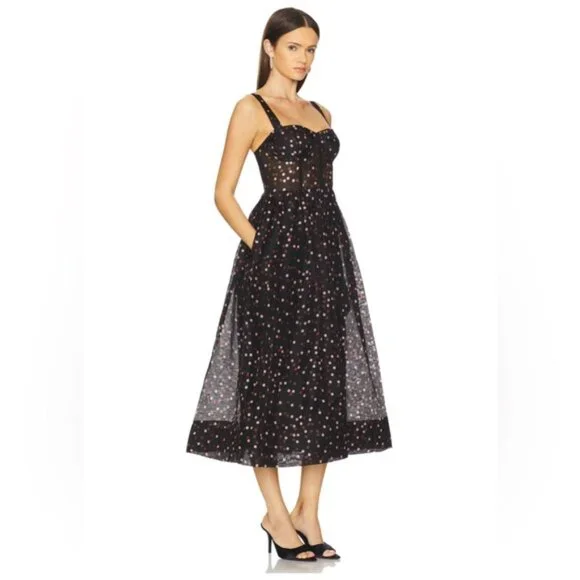 NEW Cara Cara Pheobe Midi Linen Silk Dress Stamped Dot Black US 6 UK 10 - Picture 2 of 16